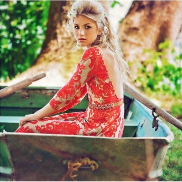 For Love and Lemons San Marcos Embroidered Lace Print Open Back Maxi Dress Red - Picture 5 of 10